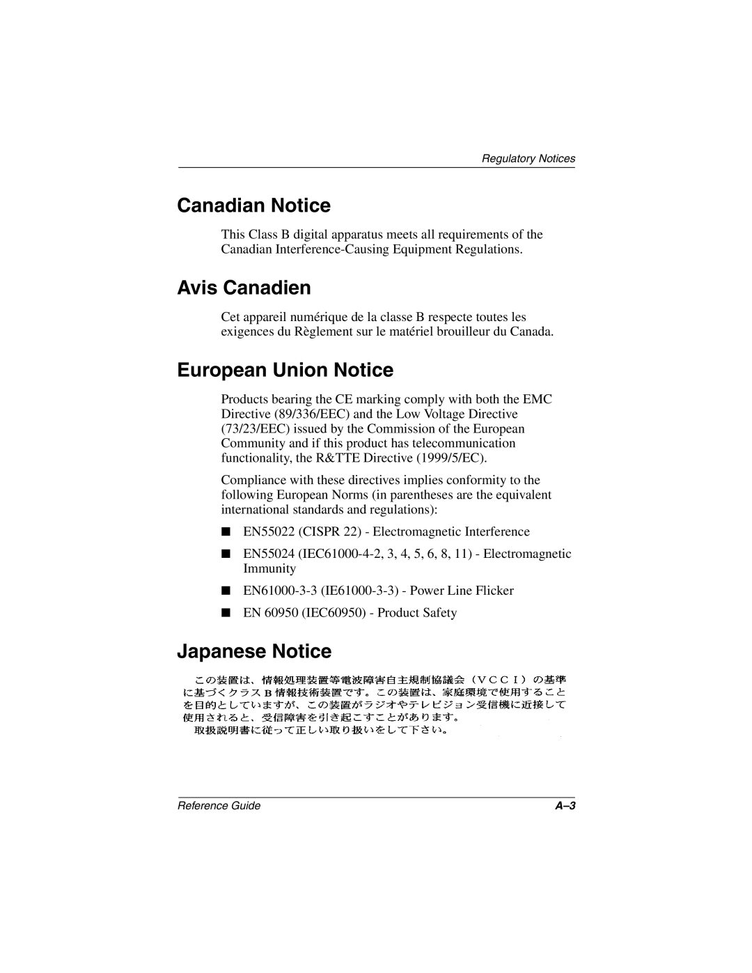 Compaq H3800 manual Canadian Notice, Avis Canadien, European Union Notice, Japanese Notice 