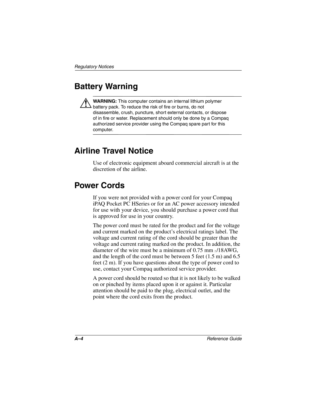 Compaq H3800 manual Battery Warning Airline Travel Notice, Power Cords 