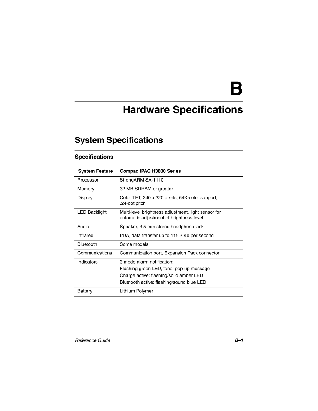 Compaq H3800 manual Hardware Specifications, System Specifications 