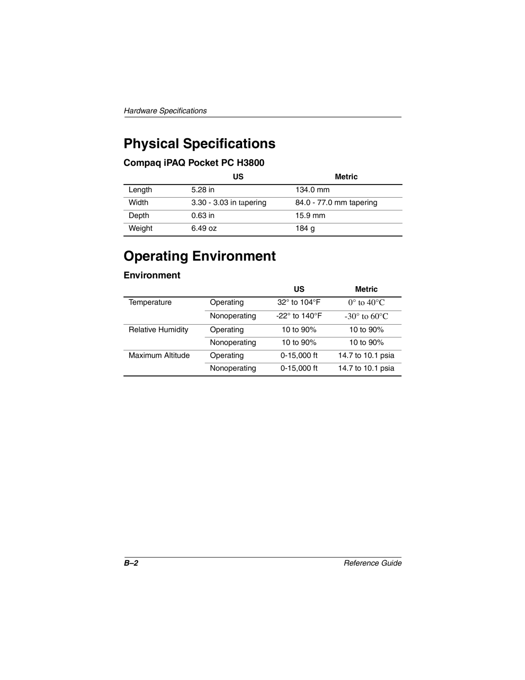 Compaq H3800 manual Physical Specifications, Operating Environment 