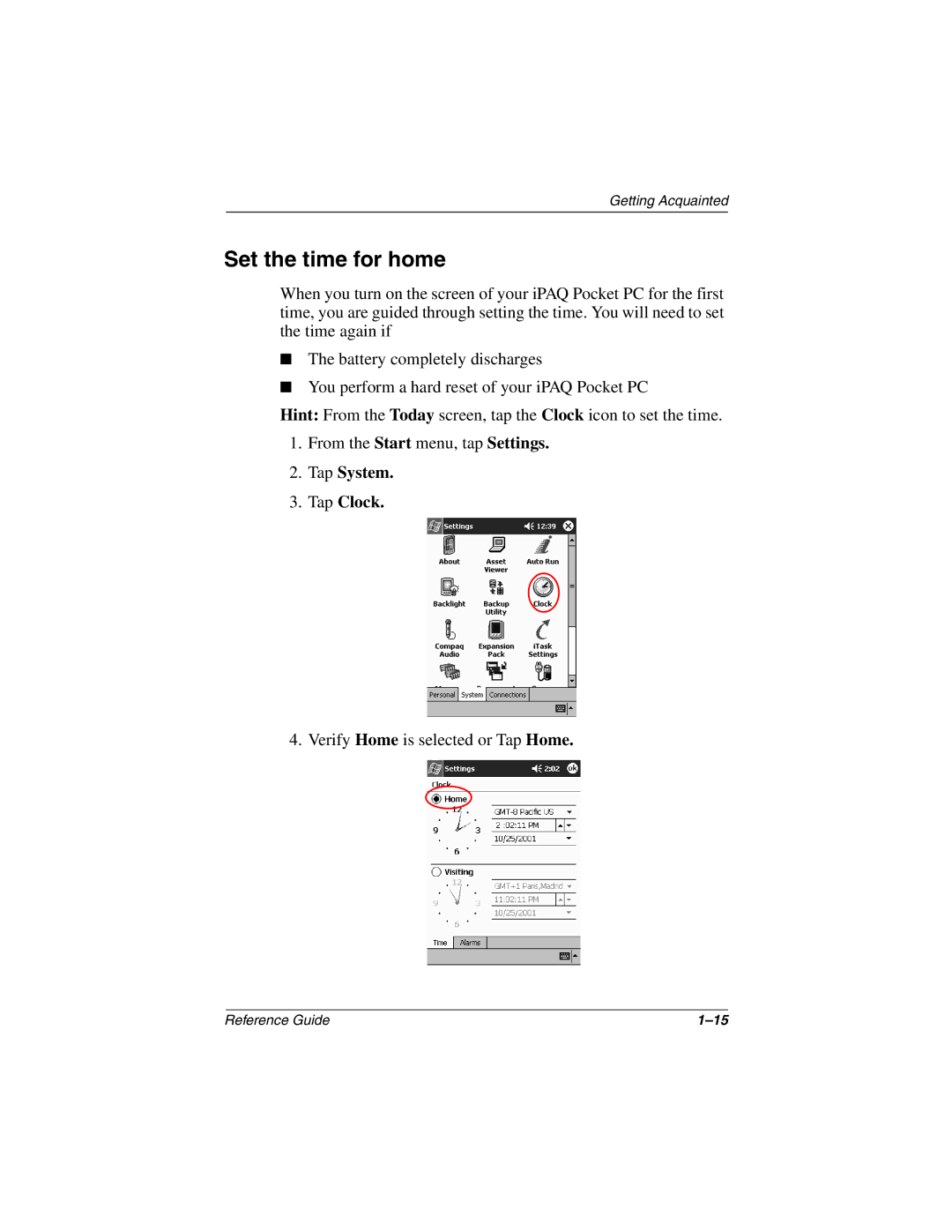 Compaq H3800 manual Set the time for home, Tap System Tap Clock 