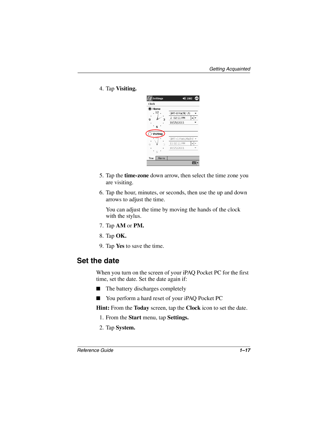 Compaq H3800 manual Set the date, Tap Visiting 