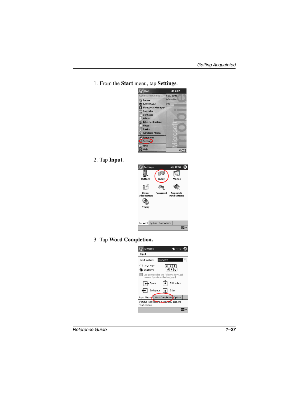 Compaq H3800 manual Tap Input Tap Word Completion 