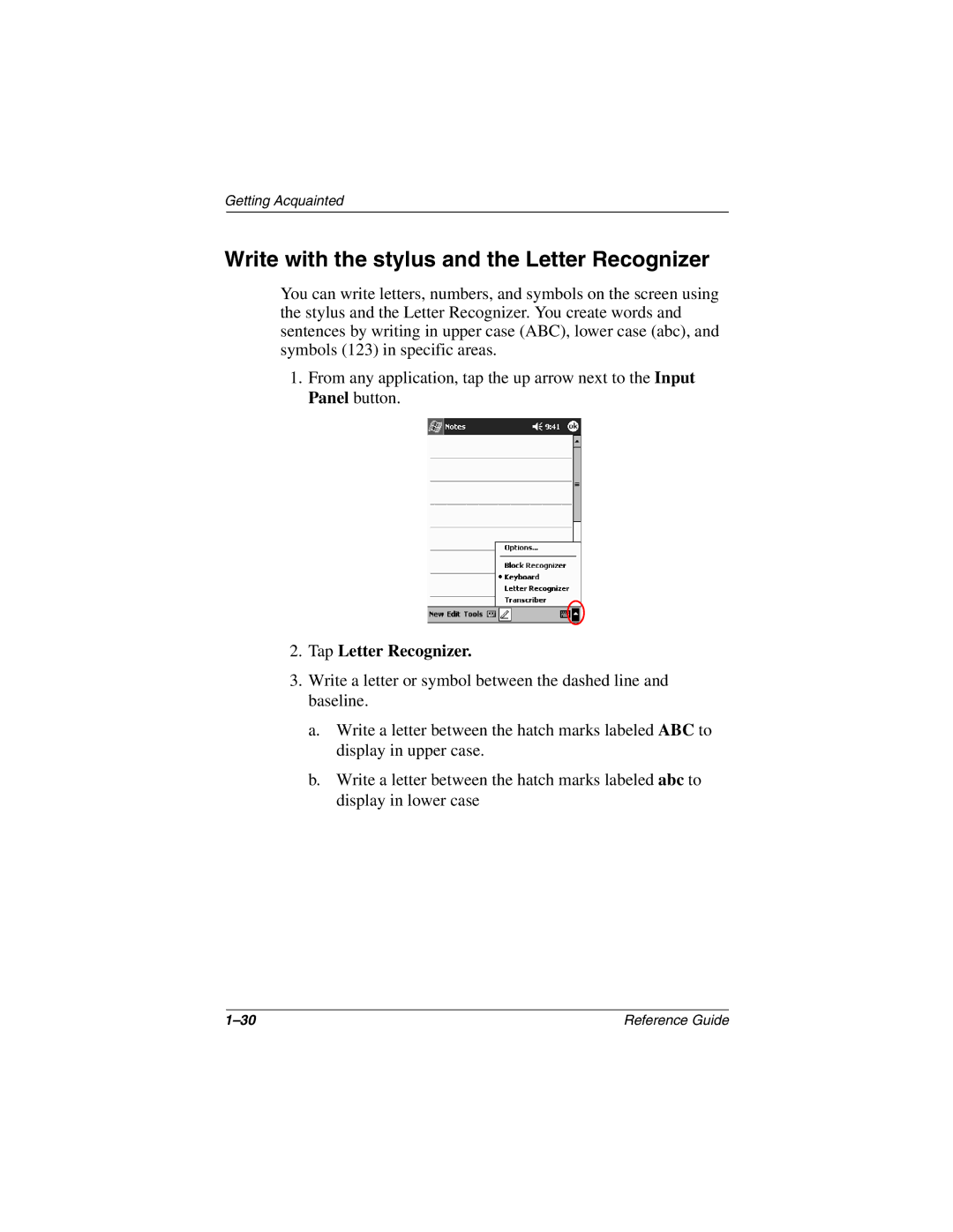Compaq H3800 manual Write with the stylus and the Letter Recognizer, Tap Letter Recognizer 