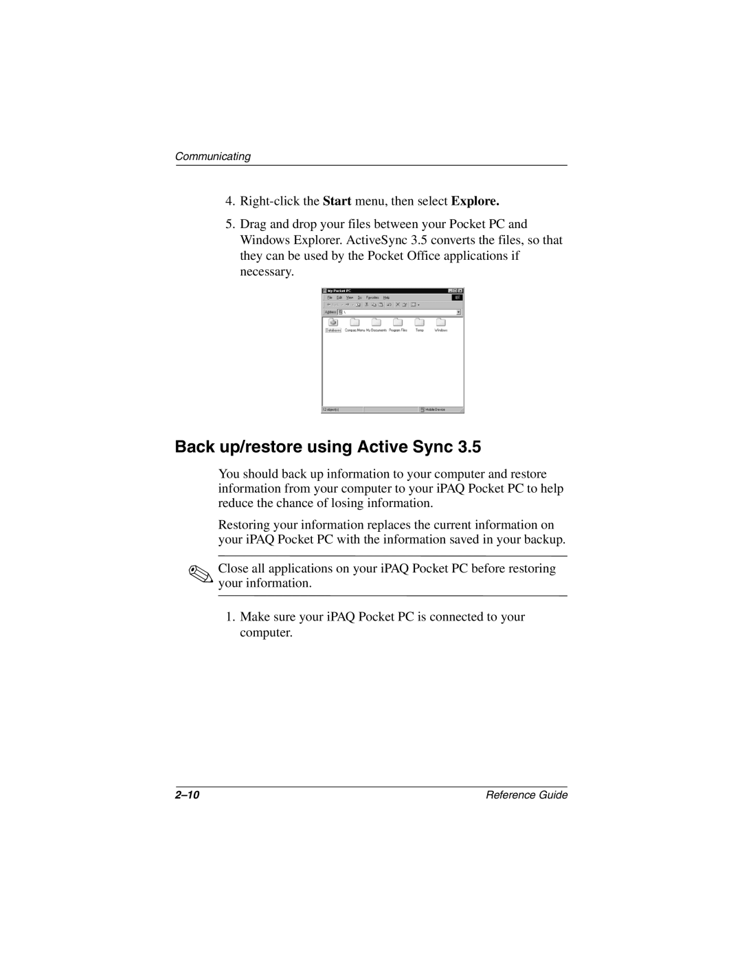 Compaq H3800 manual Back up/restore using Active Sync 