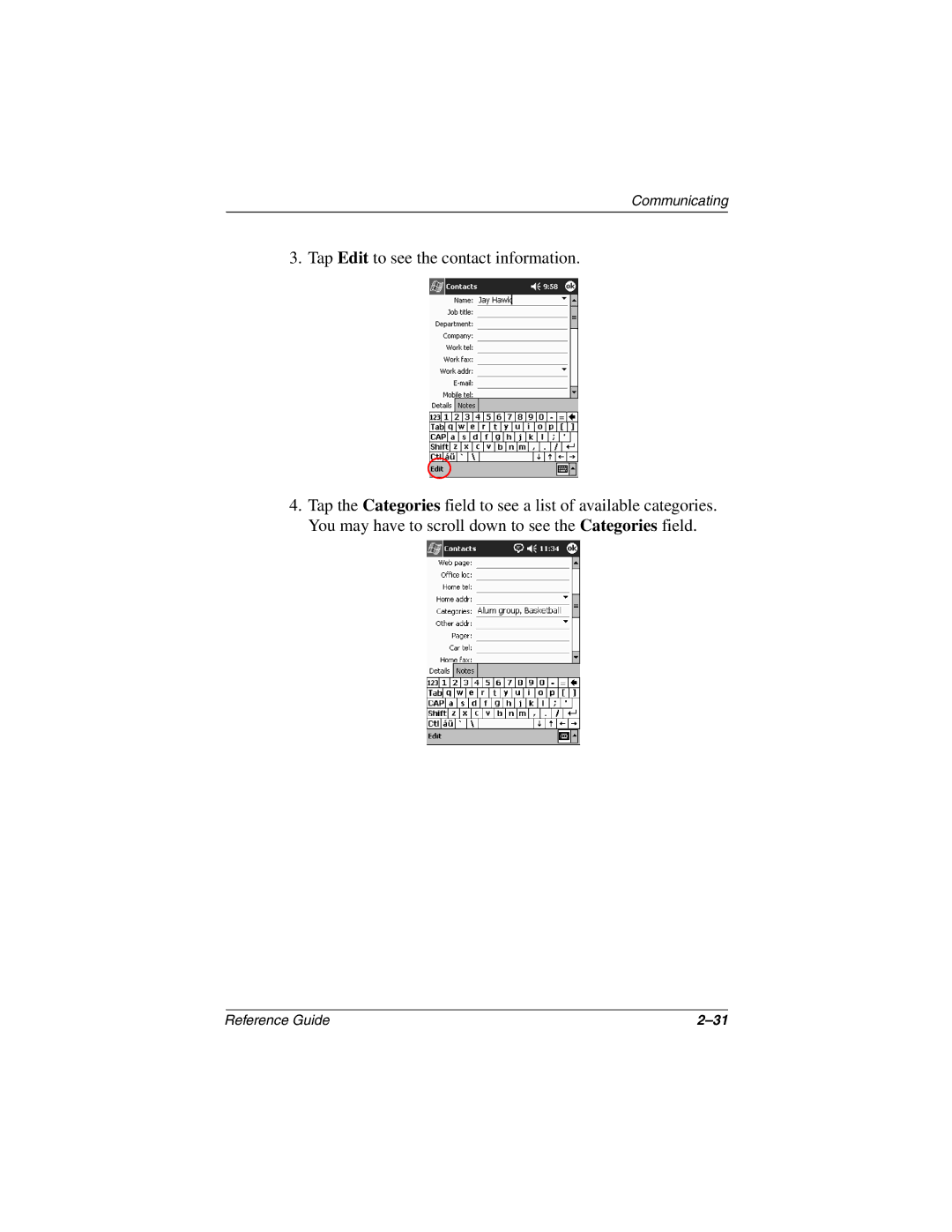 Compaq H3800 manual Tap Edit to see the contact information 