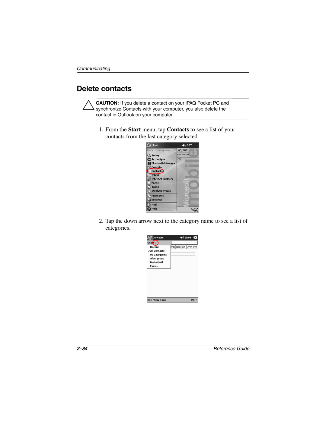 Compaq H3800 manual Delete contacts 