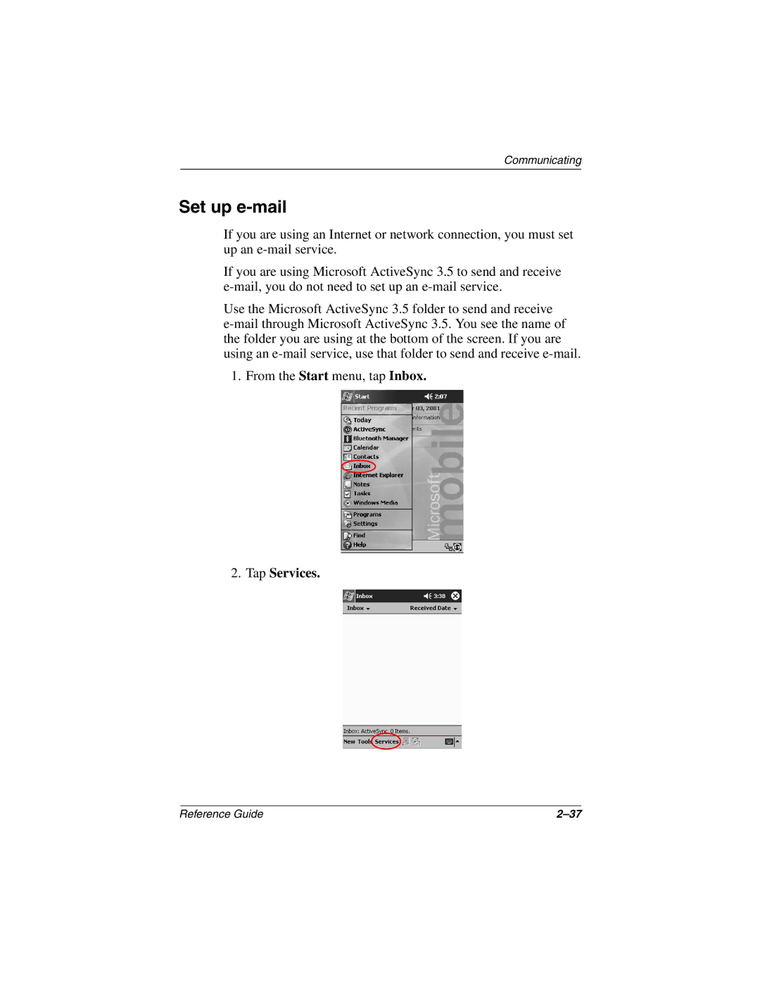 Compaq H3800 manual Set up e-mail, Tap Services 