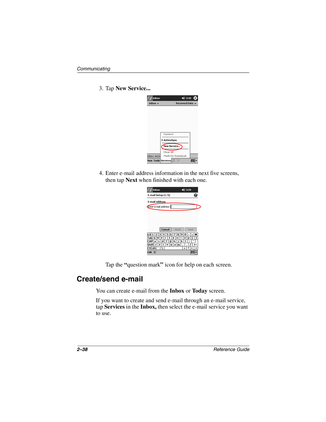 Compaq H3800 manual Create/send e-mail, Tap New Service 