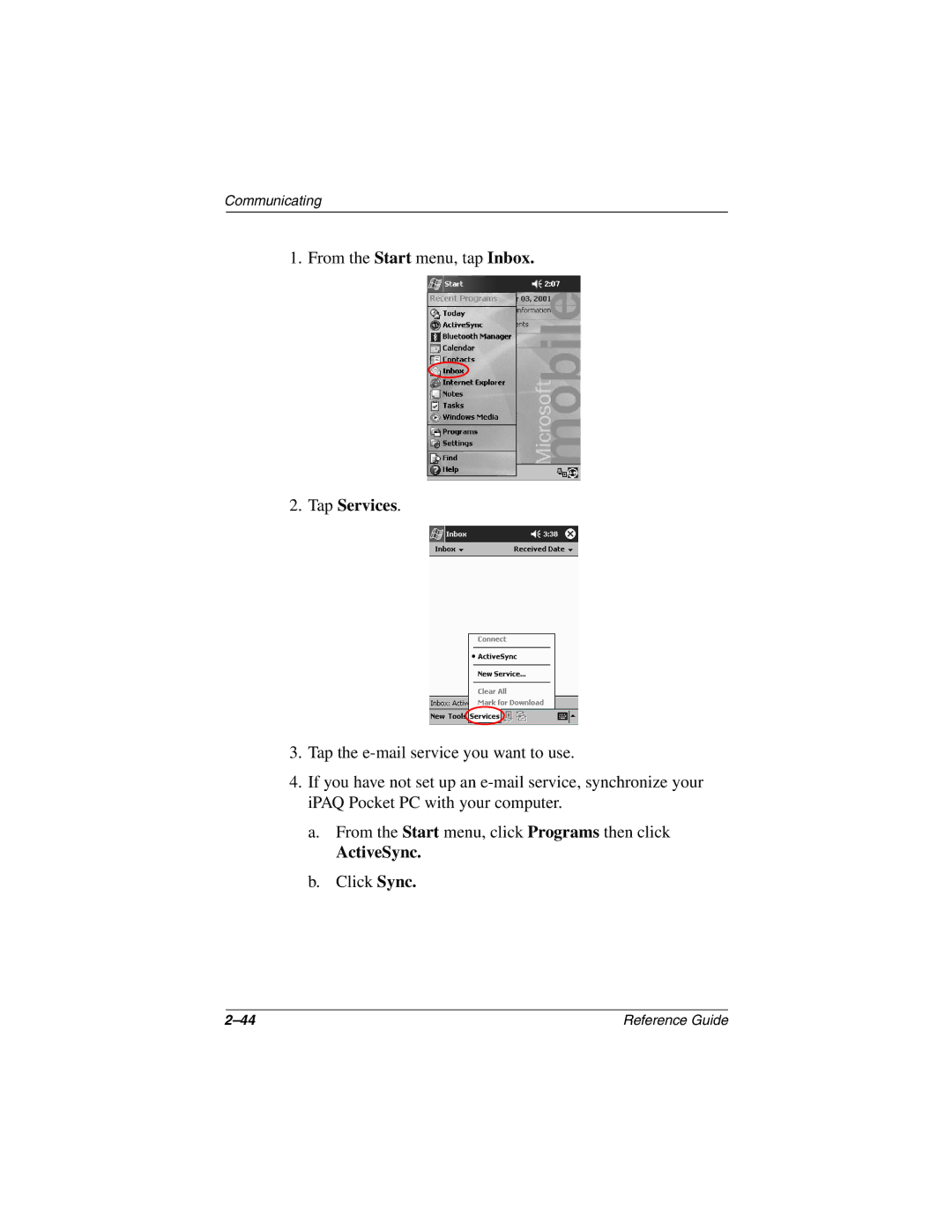 Compaq H3800 manual Tap Services, ActiveSync 