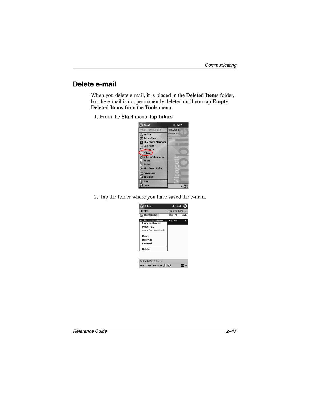 Compaq H3800 manual Delete e-mail 