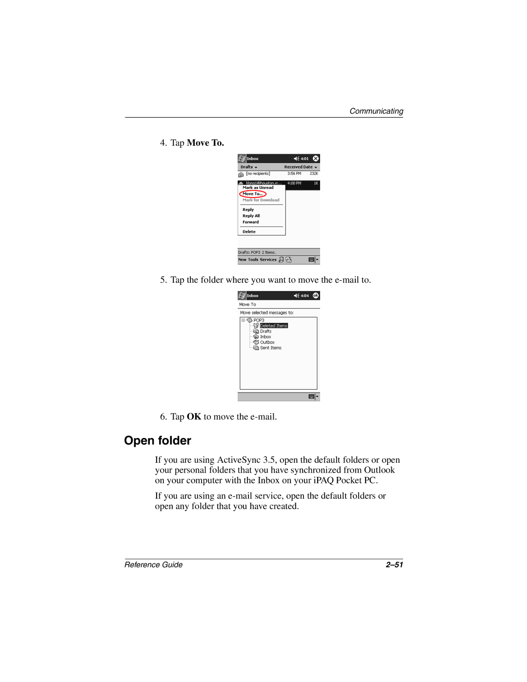 Compaq H3800 manual Open folder, Tap Move To 