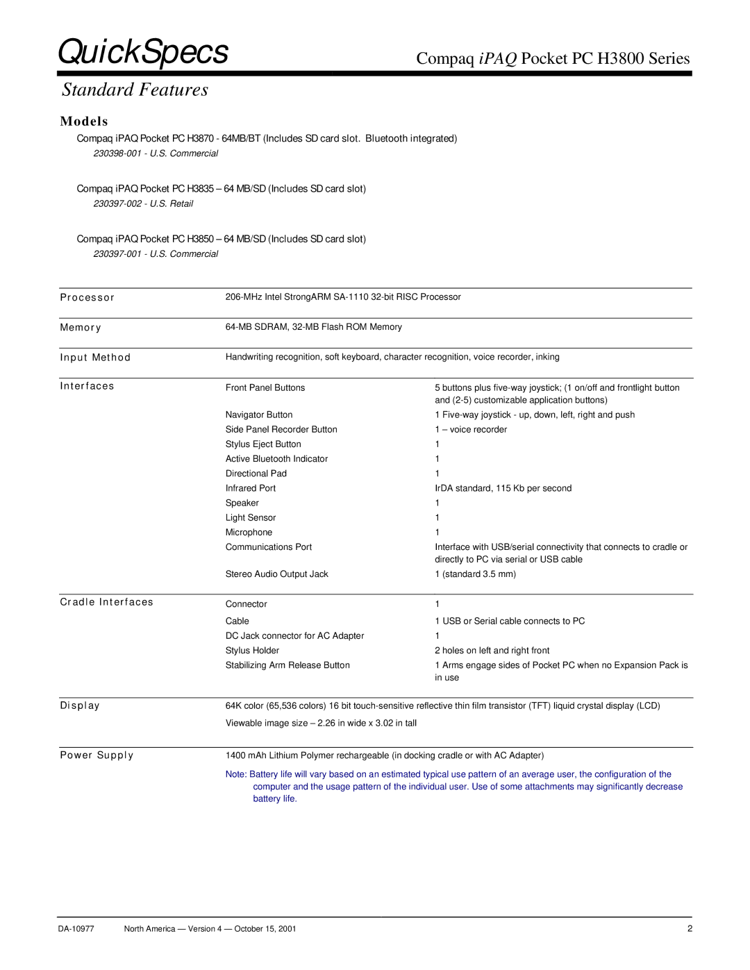 Compaq H3800 manual Standard Features 