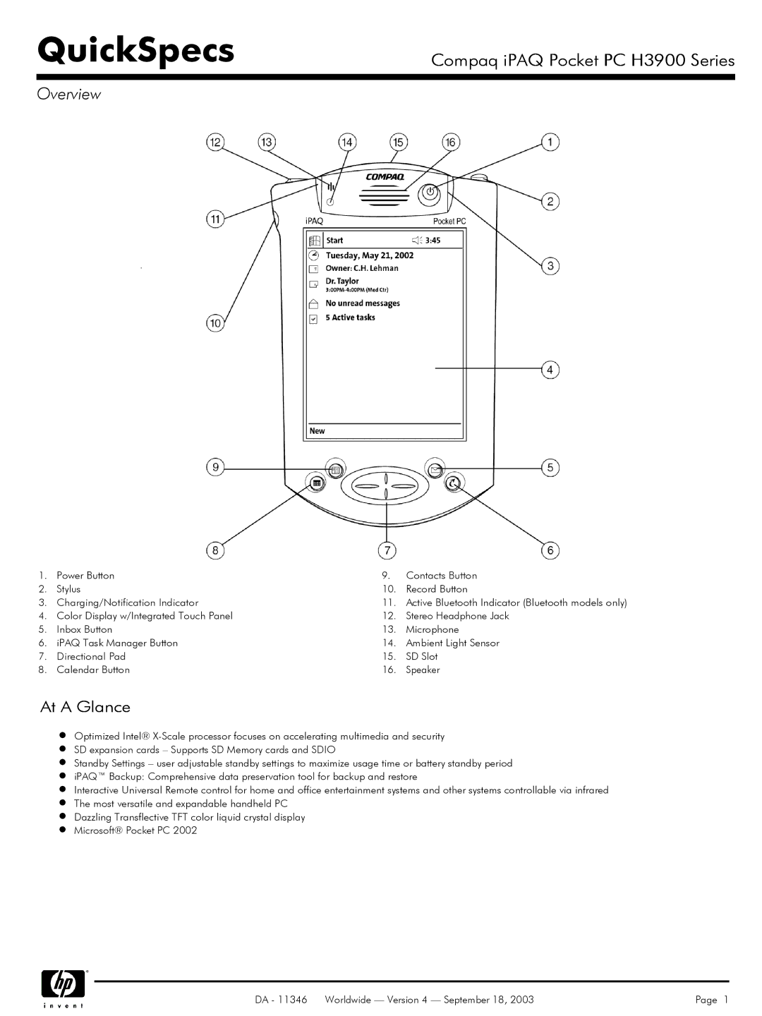 Compaq H3900 manual Overview, At a Glance 