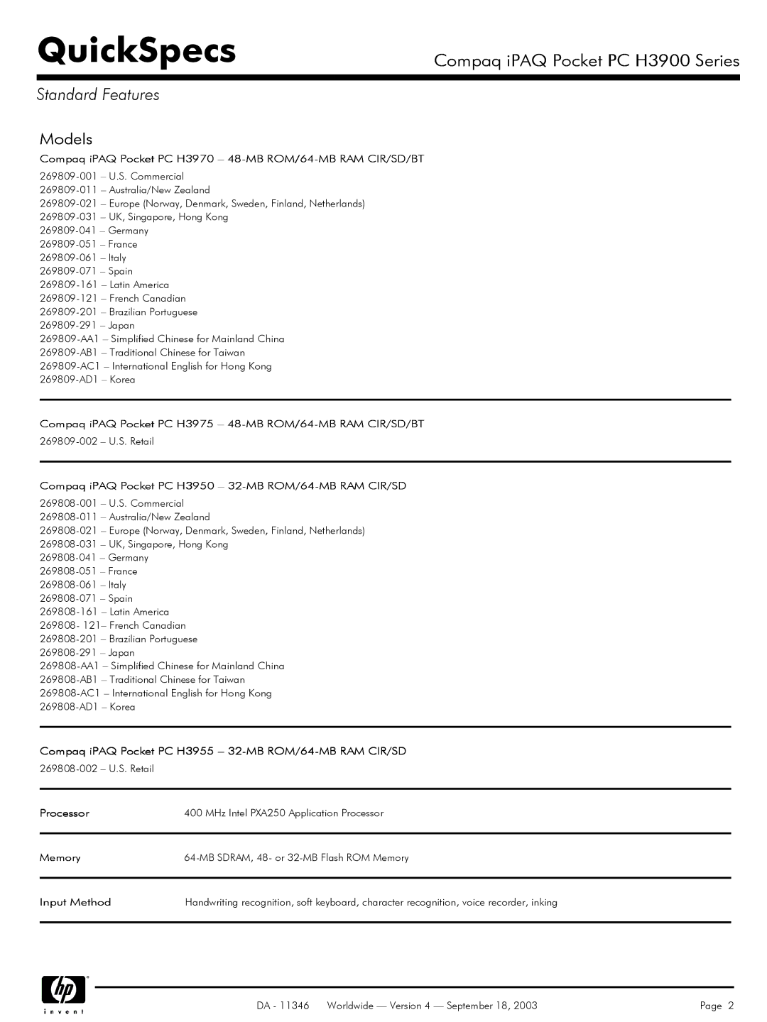 Compaq H3900 manual Standard Features, Models 