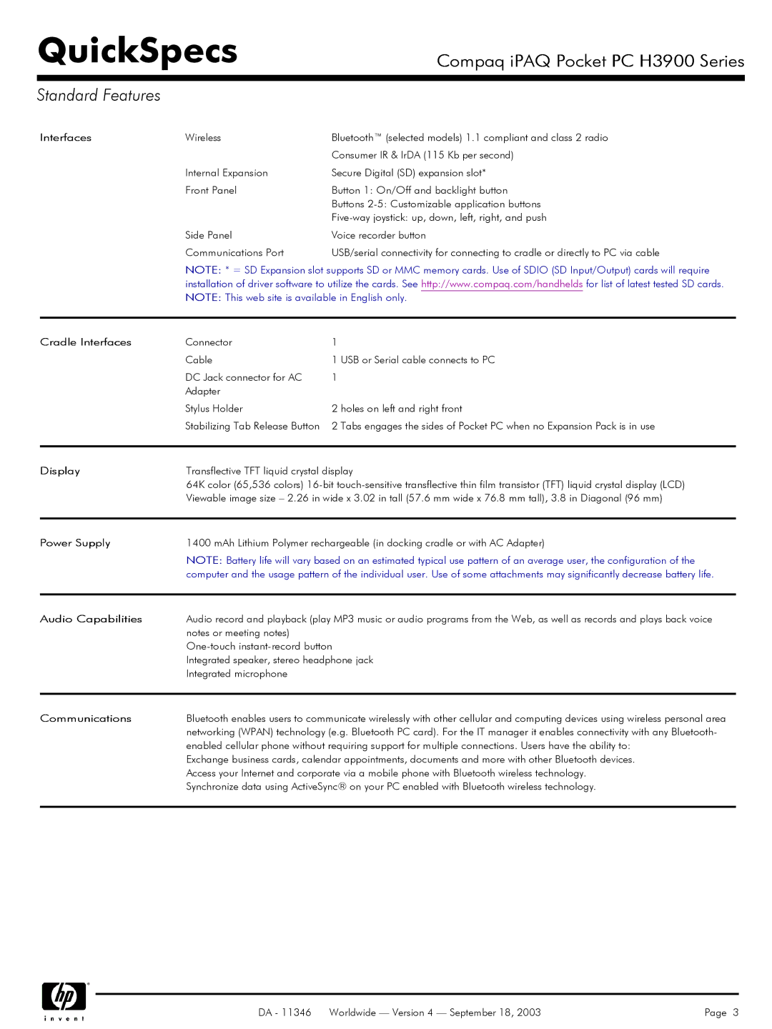 Compaq H3900 manual Cradle Interfaces, Display, Power Supply, Audio Capabilities, Communications 
