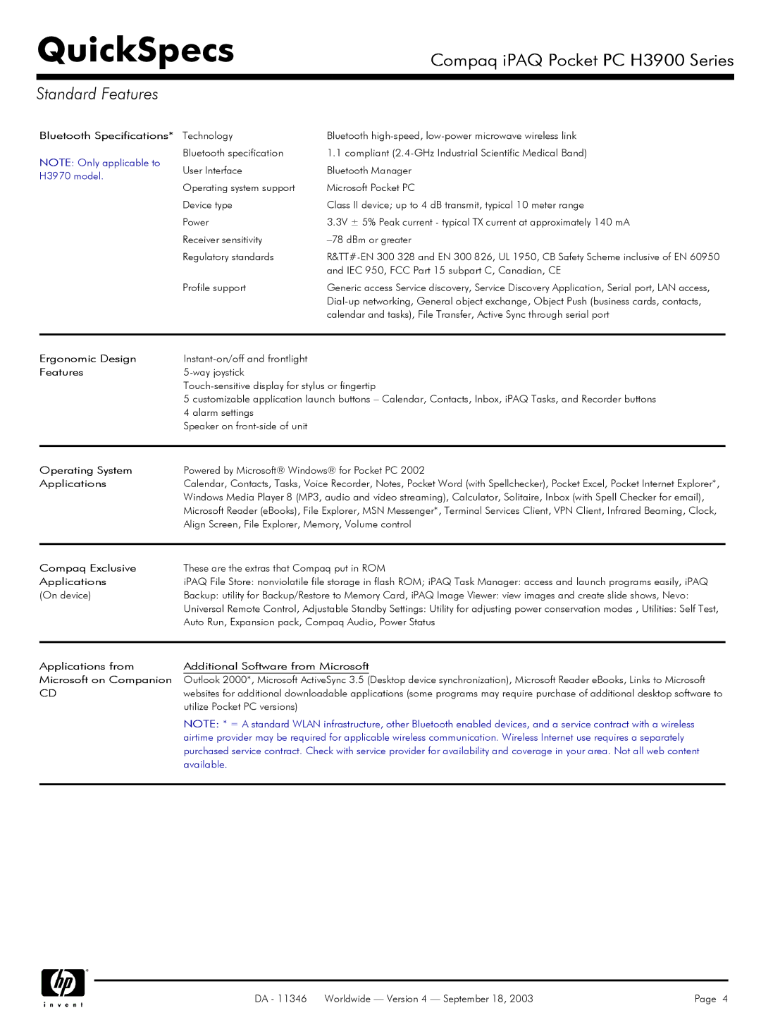 Compaq H3900 manual Bluetooth Specifications, Ergonomic Design, Features, Operating System, Applications, Compaq Exclusive 