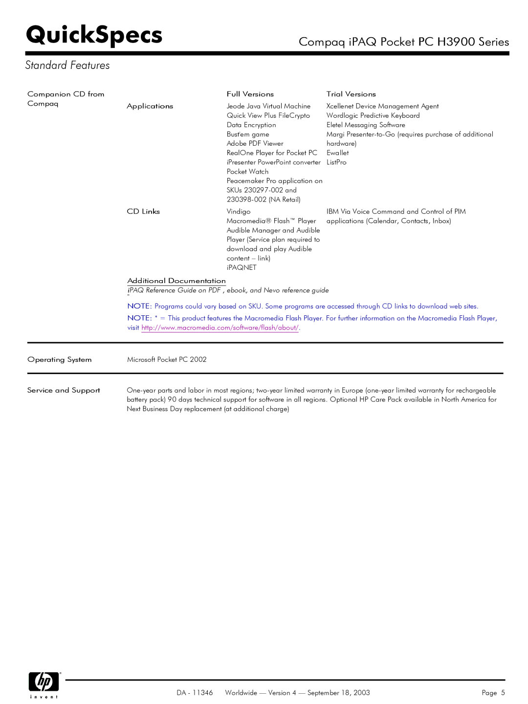 Compaq H3900 manual CD Links, Additional Documentation, Service and Support 