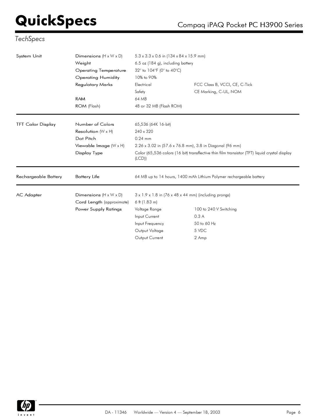 Compaq H3900 manual TechSpecs 