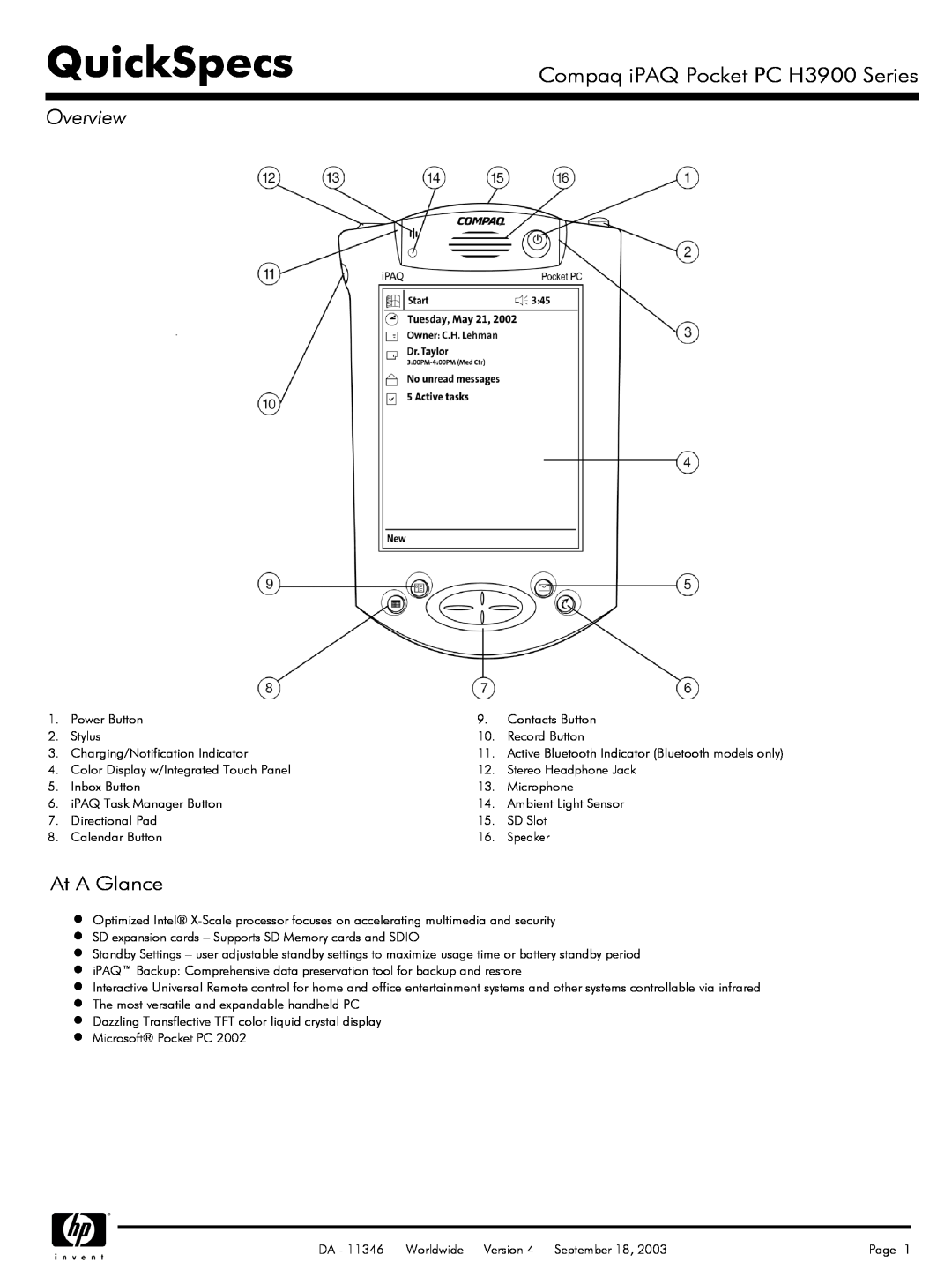 Compaq manual QuickSpecs, Compaq iPAQ Pocket PC H3900 Series, Overview, At A Glance 