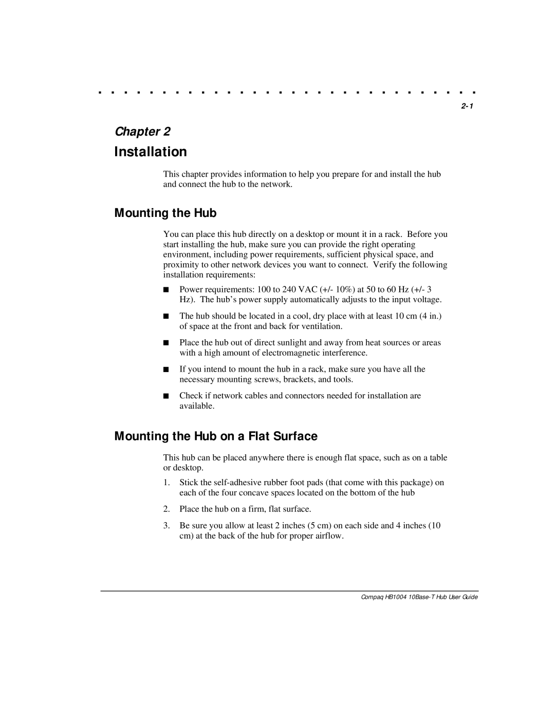 Compaq HB1004 manual Installation, Mounting the Hub on a Flat Surface 