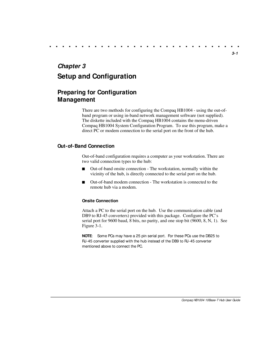 Compaq HB1004 Setup and Configuration, Preparing for Configuration Management, Out-of-Band Connection, Onsite Connection 