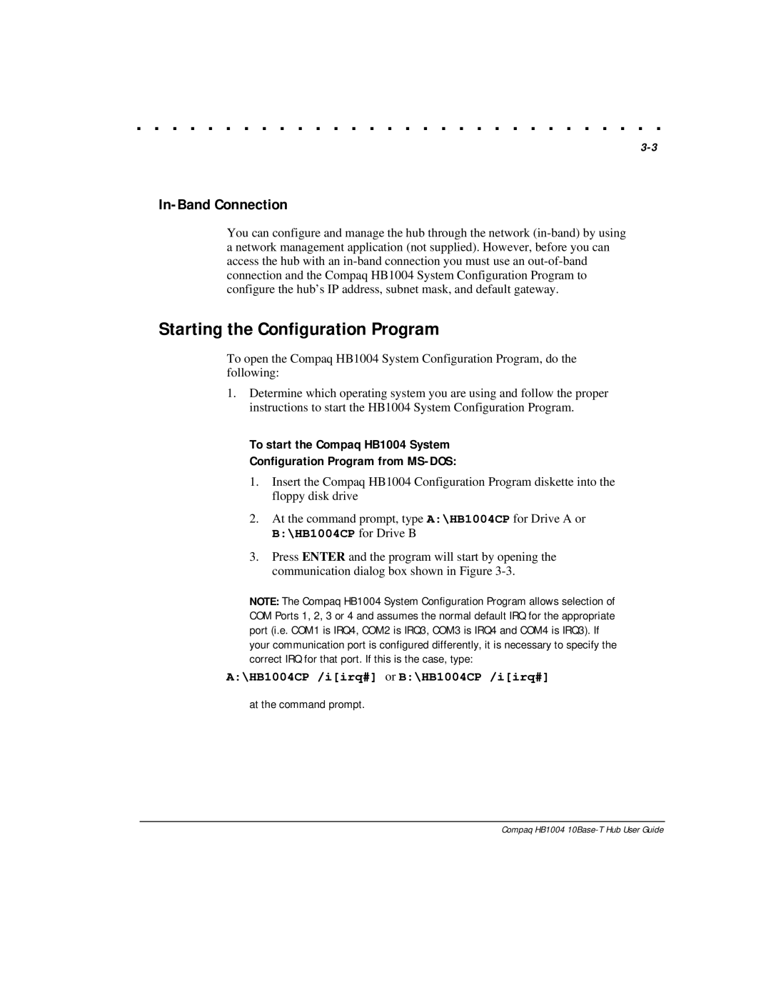 Compaq HB1004 manual Starting the Configuration Program, In-Band Connection 