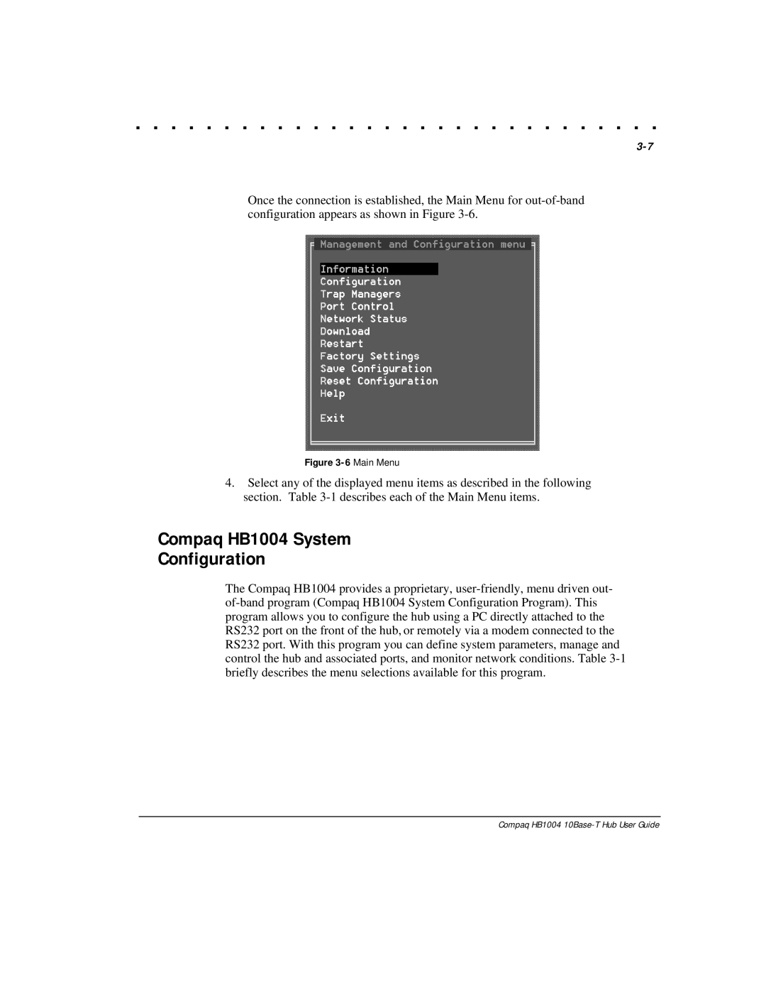 Compaq manual Compaq HB1004 System Configuration, Main Menu 