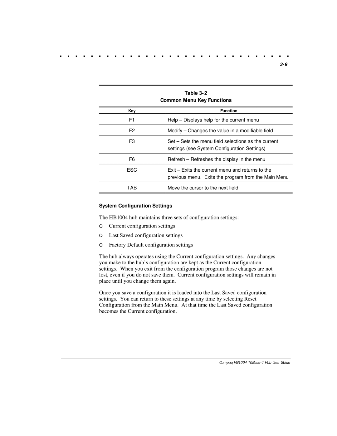 Compaq HB1004 manual Common Menu Key Functions, System Configuration Settings 