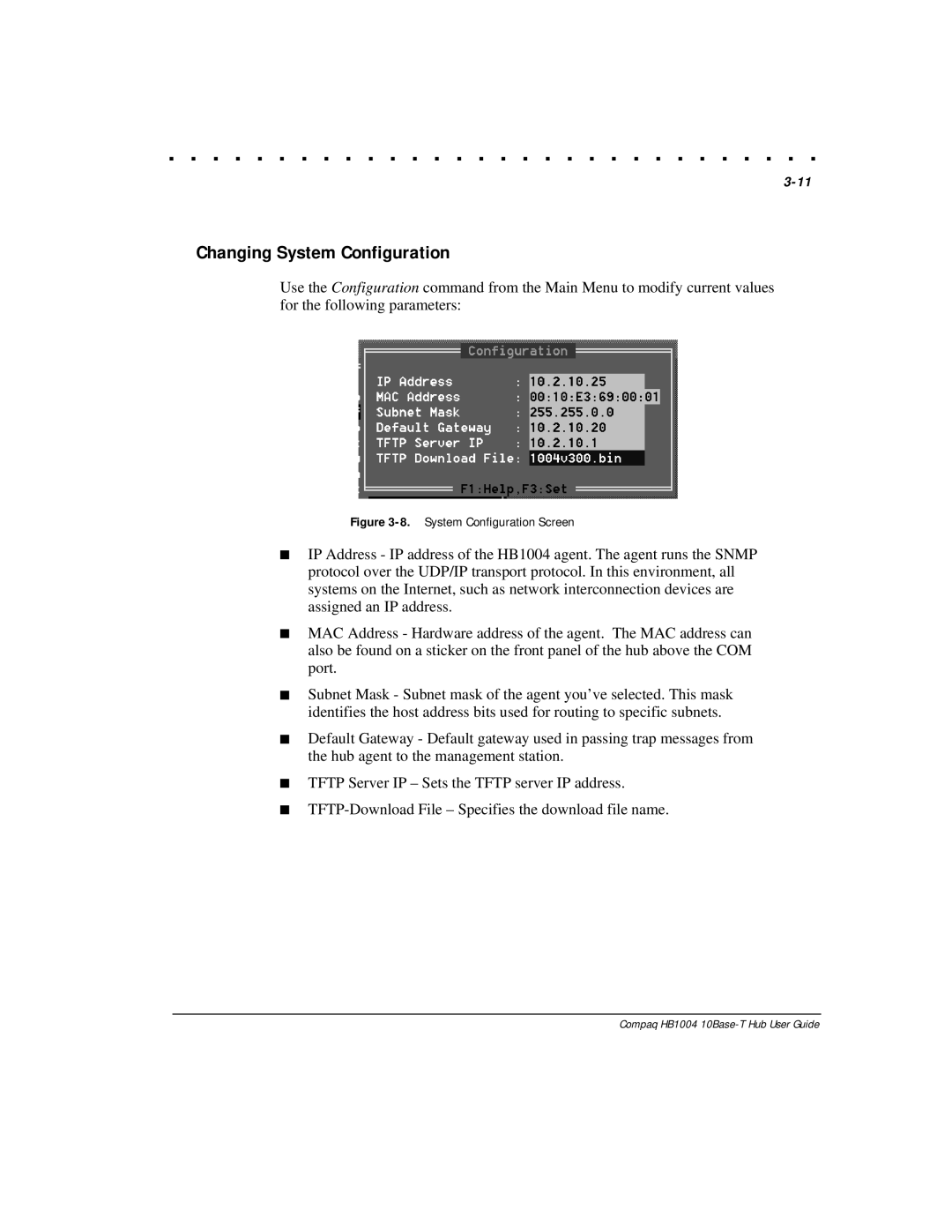 Compaq HB1004 manual Changing System Configuration, System Configuration Screen 