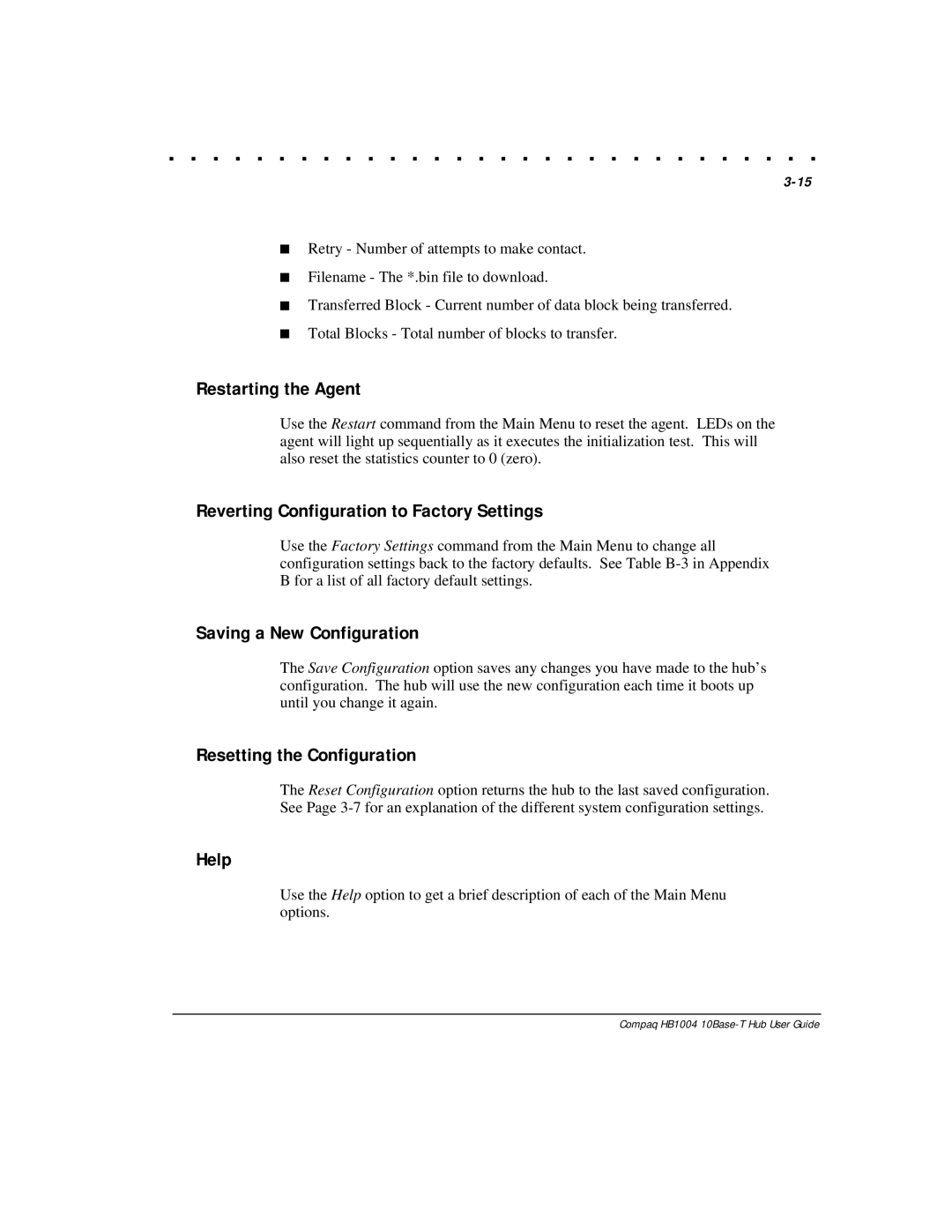 Compaq HB1004 manual Restarting the Agent, Reverting Configuration to Factory Settings, Saving a New Configuration, Help 