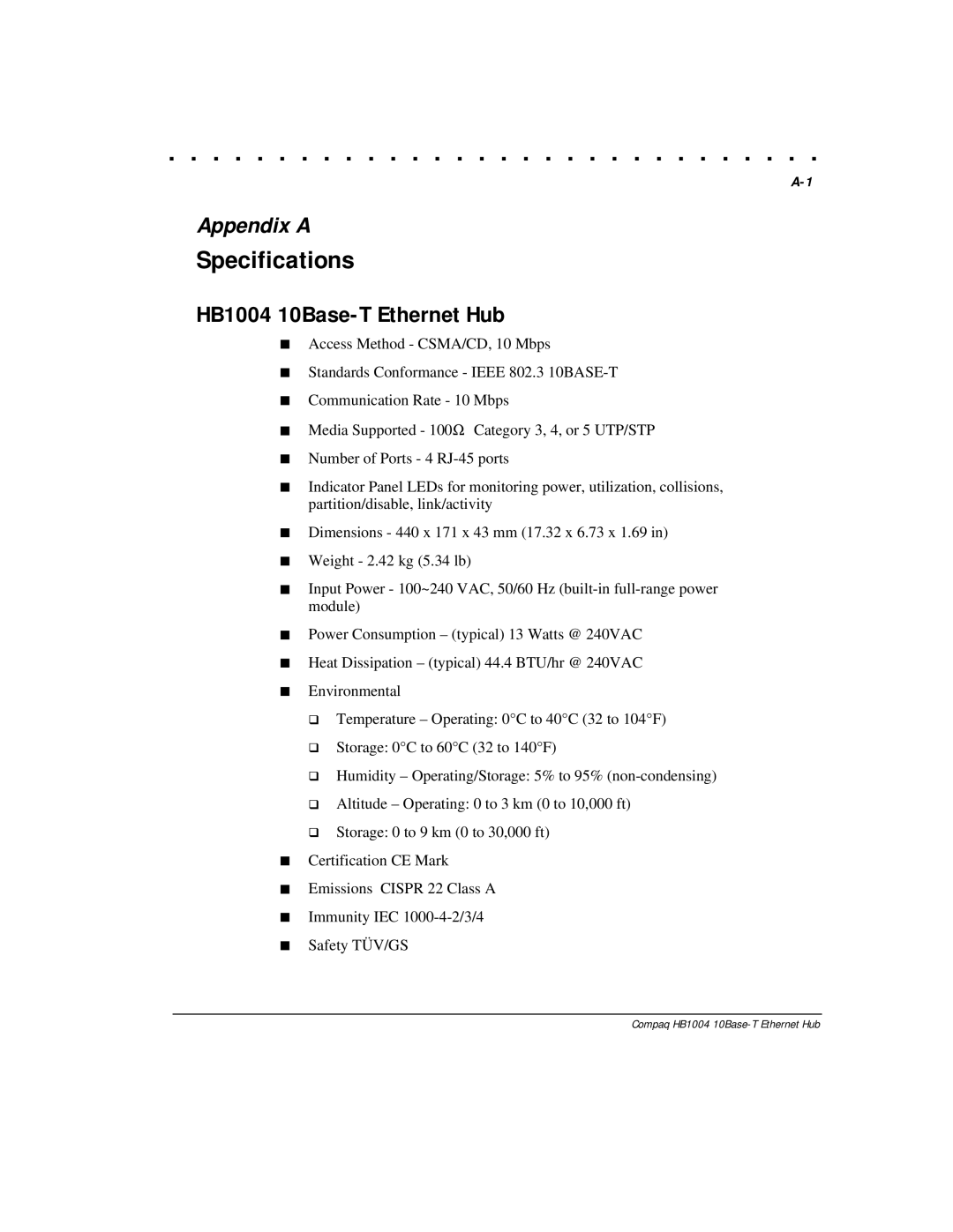 Compaq manual Specifications, HB1004 10Base-T Ethernet Hub 