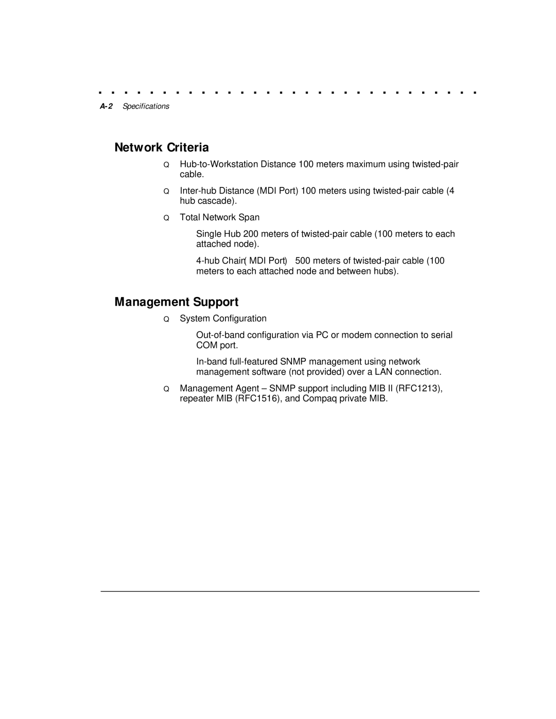 Compaq HB1004 manual Network Criteria, Management Support 