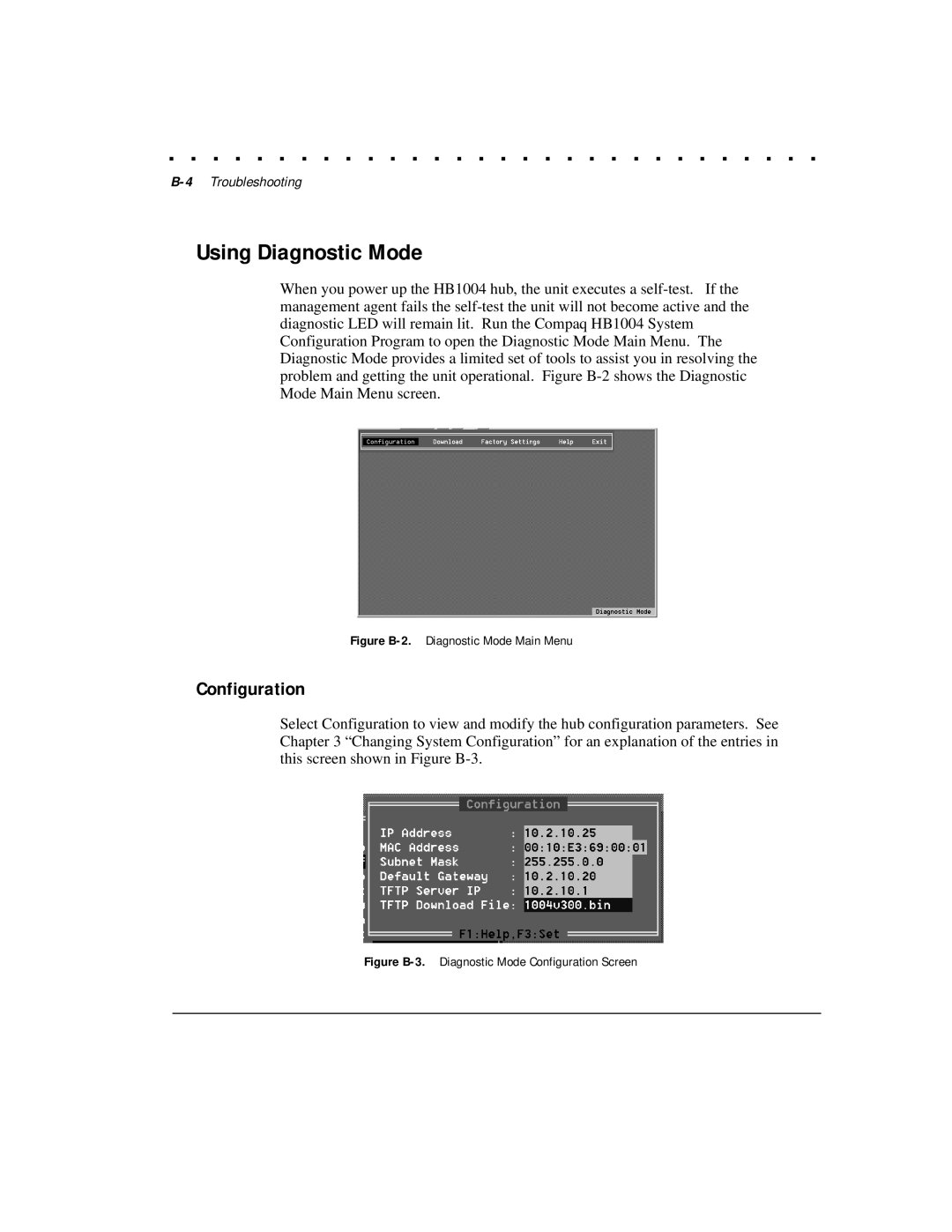 Compaq HB1004 manual Using Diagnostic Mode, Configuration 