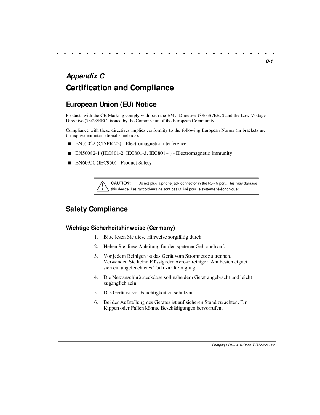 Compaq HB1004 manual Certification and Compliance, European Union EU Notice, Safety Compliance 