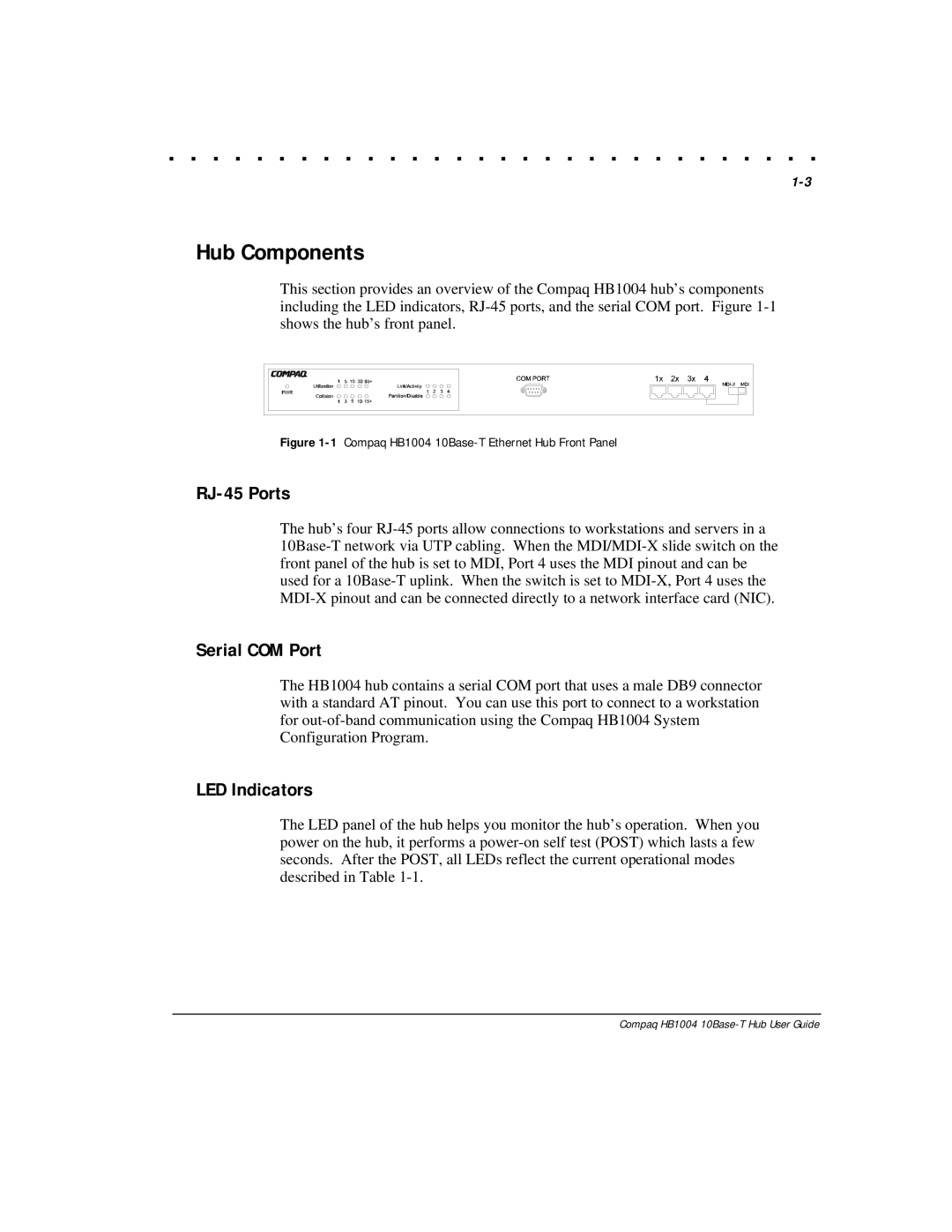 Compaq HB1004 manual Hub Components, RJ-45 Ports, Serial COM Port, LED Indicators 