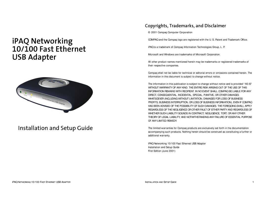 Compaq HNE-200 manual IPAQ Networking 10/100 Fast Ethernet USB Adapter, Copyrights, Trademarks, and Disclaimer 