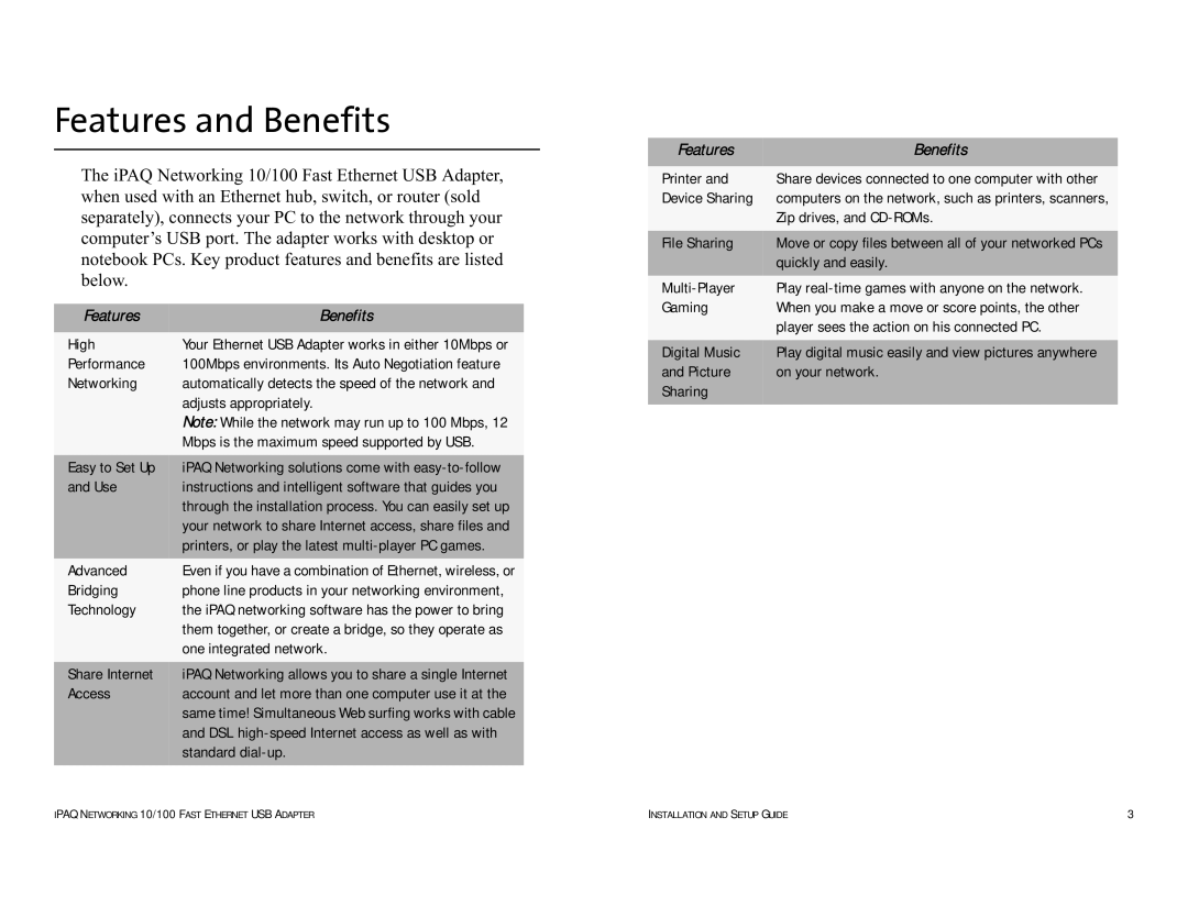 Compaq HNE-200 manual Features and Benefits, Features Benefits 