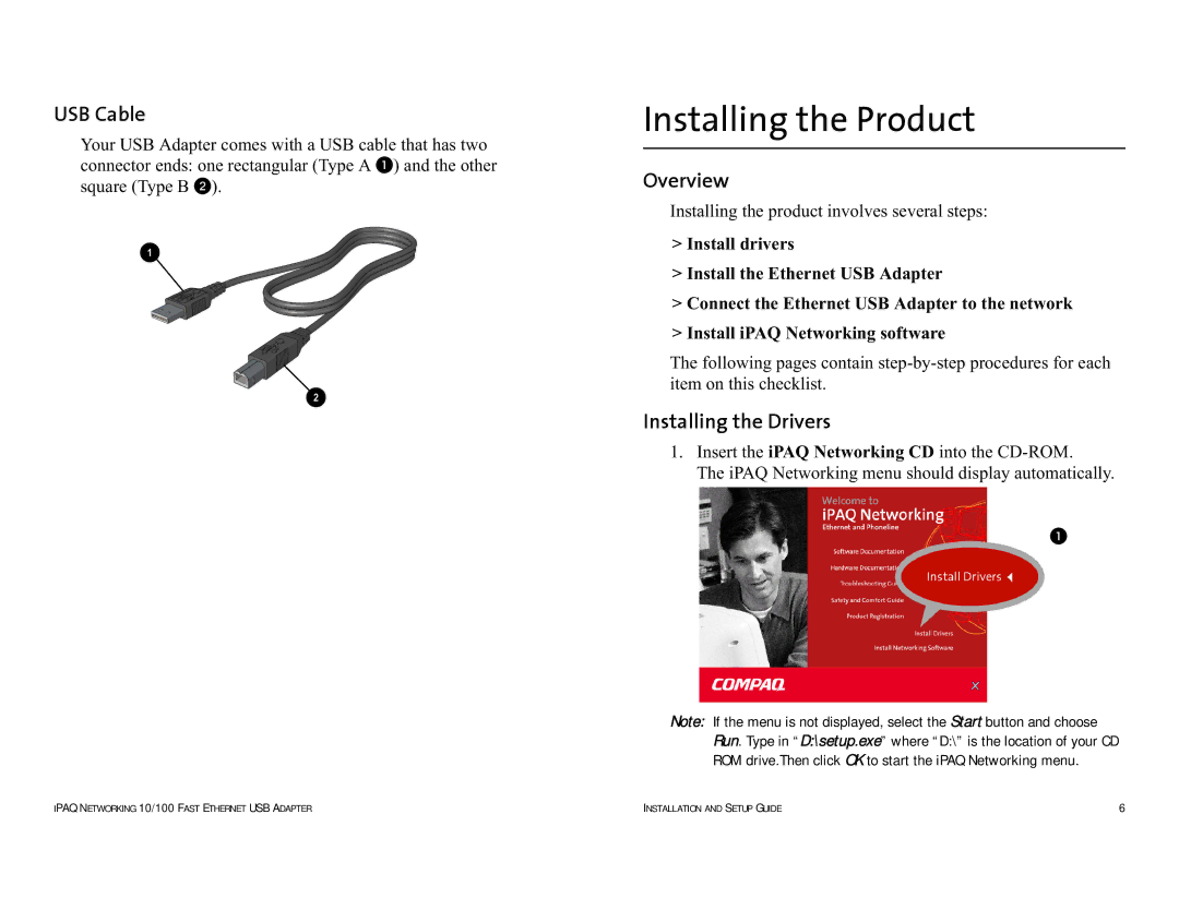 Compaq HNE-200 manual Installing the Product, USB Cable, Overview Installing the Drivers 