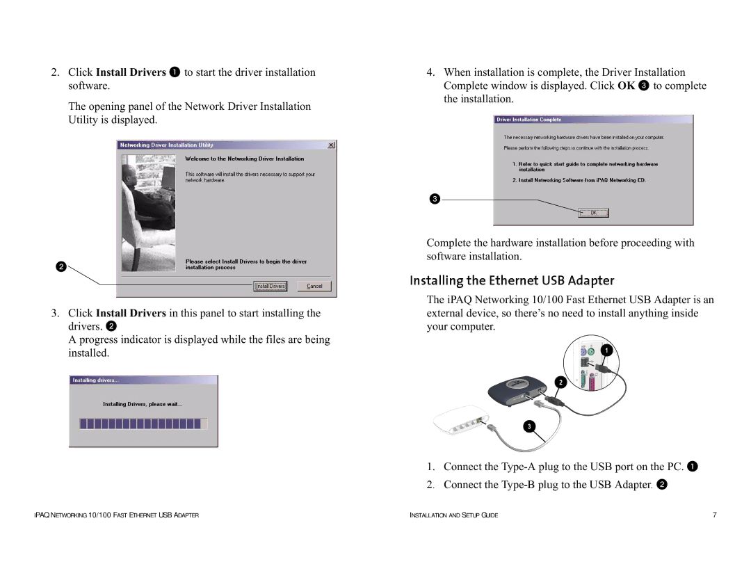 Compaq HNE-200 manual Installing the Ethernet USB Adapter 