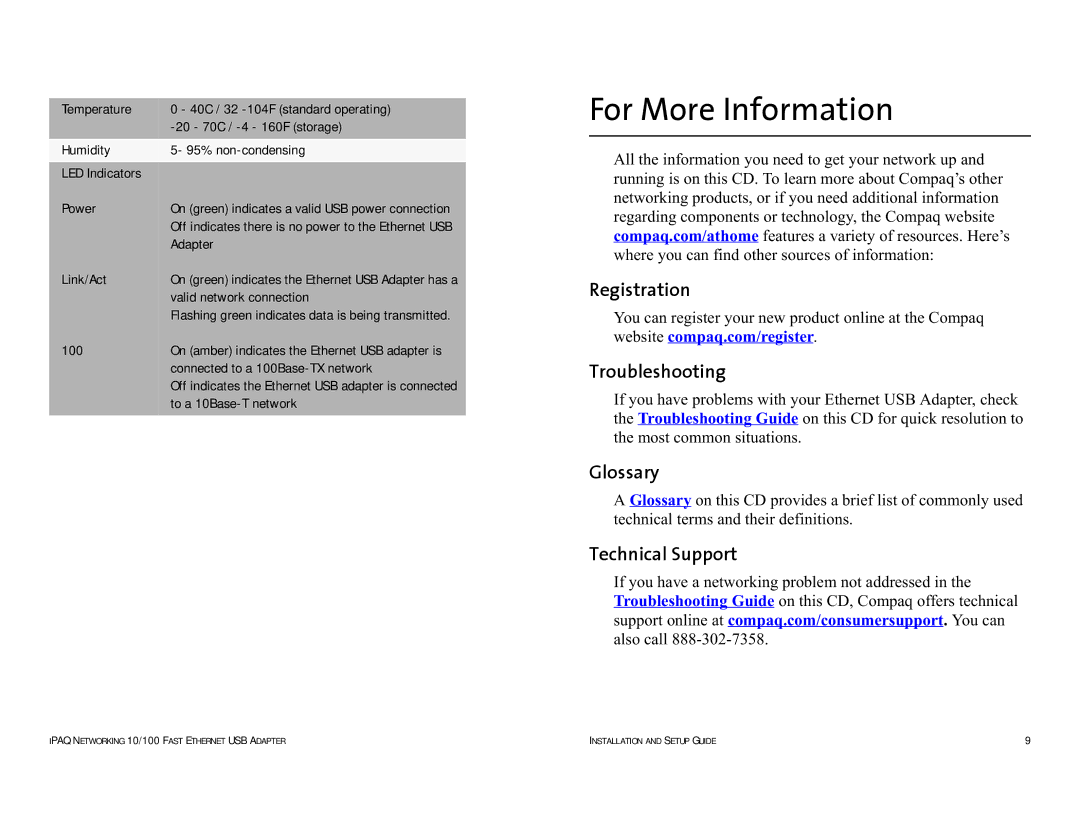 Compaq HNE-200 manual For More Information, Registration, Troubleshooting Glossary, Technical Support 