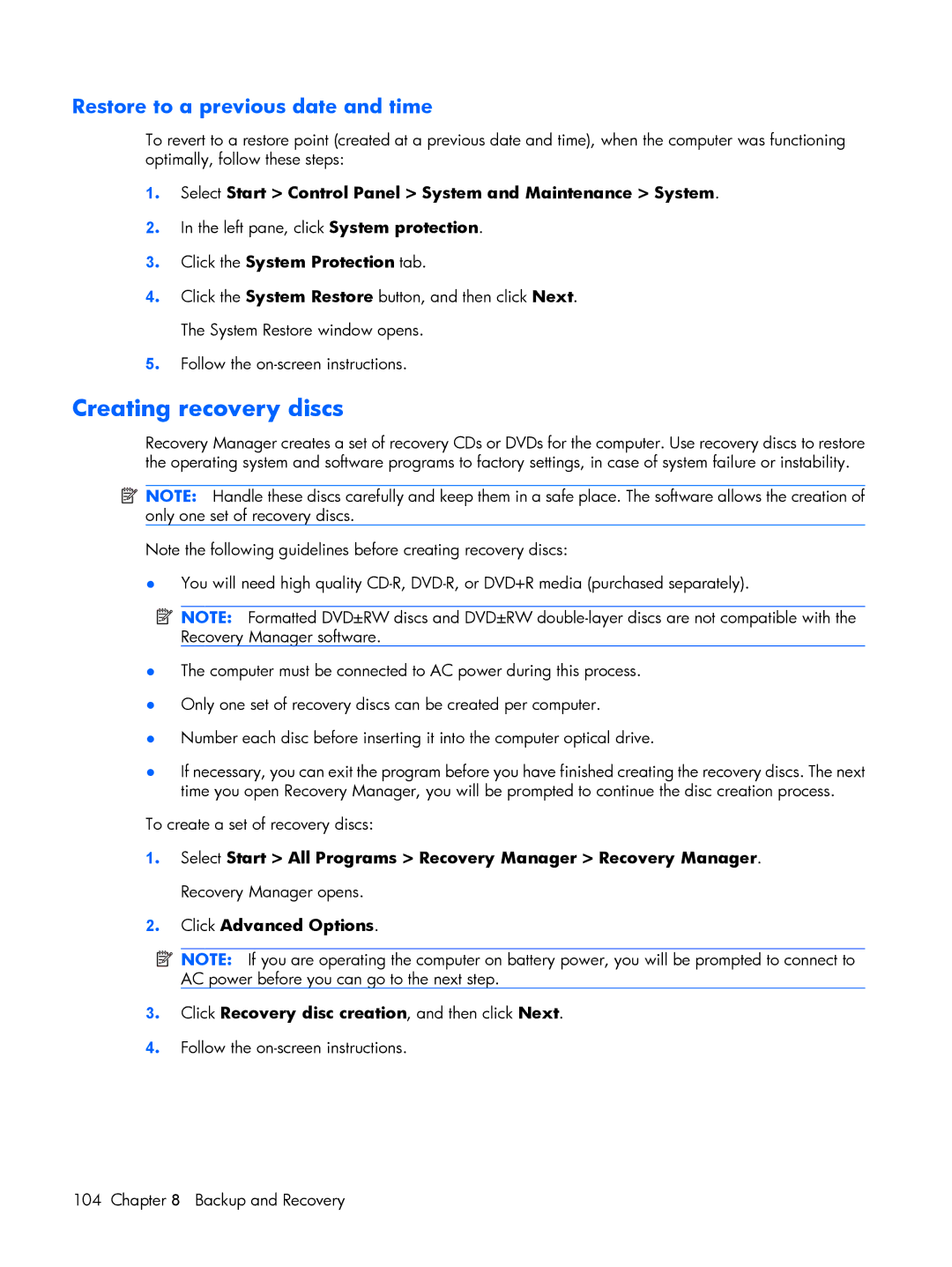 Compaq HP G7000, C700 manual Creating recovery discs, Restore to a previous date and time 