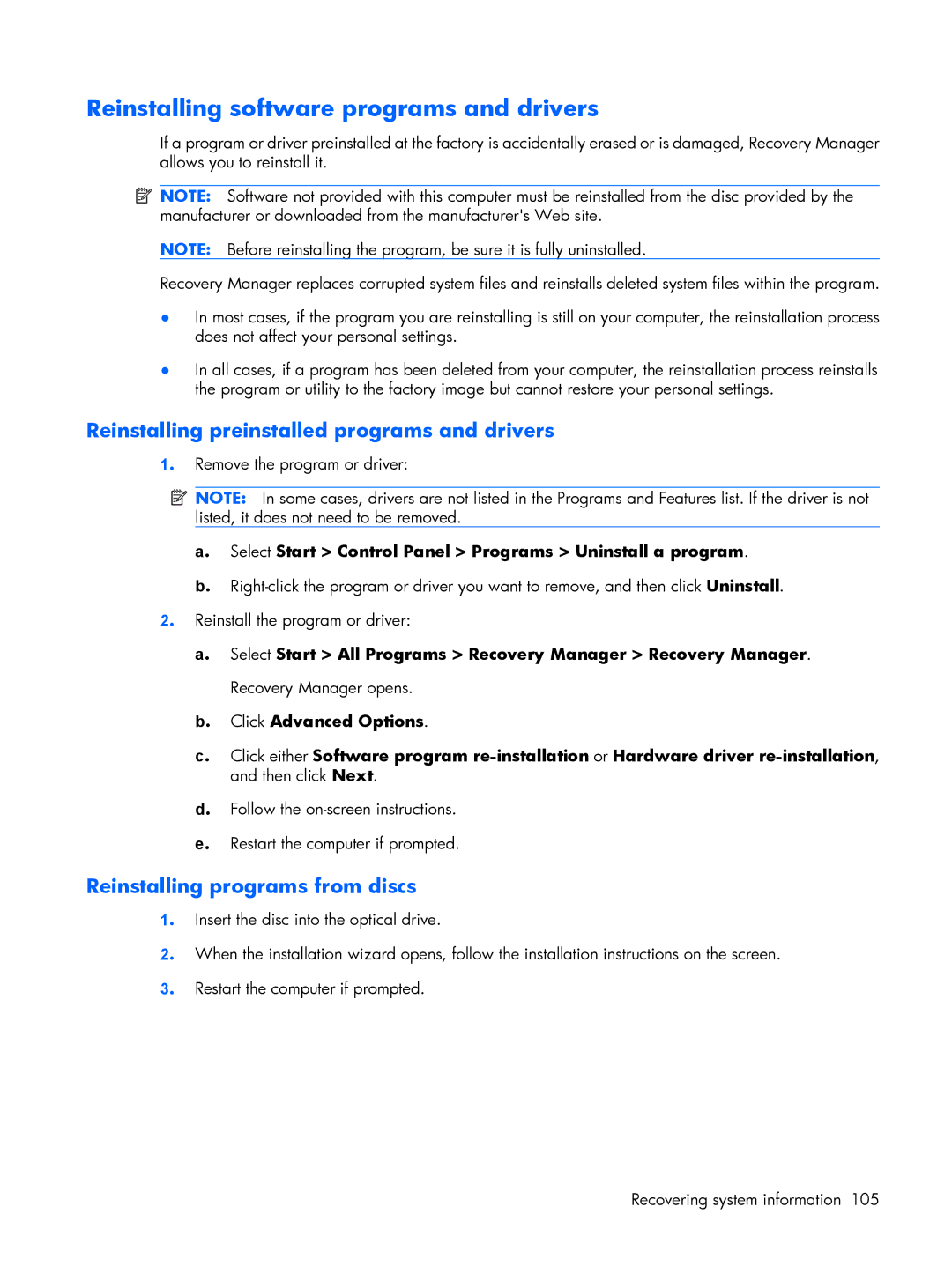 Compaq C700, HP G7000 manual Reinstalling software programs and drivers, Reinstalling preinstalled programs and drivers 