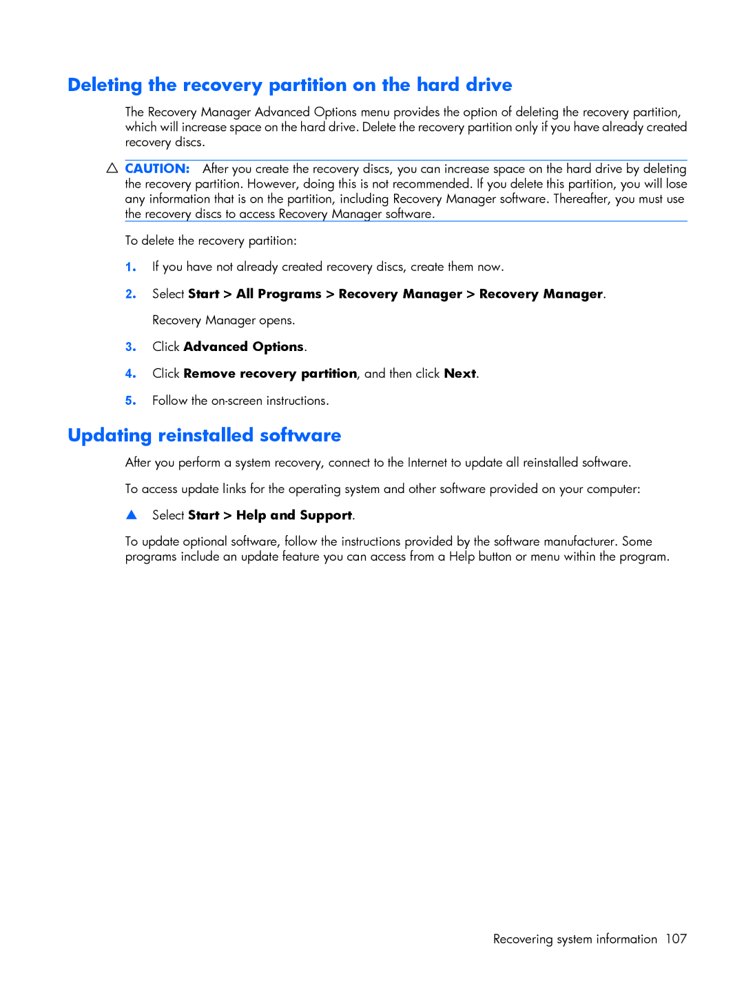 Compaq C700, HP G7000 manual Deleting the recovery partition on the hard drive, Updating reinstalled software 