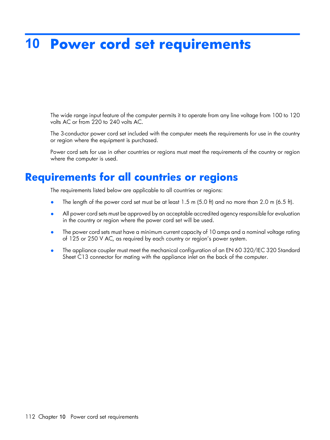 Compaq HP G7000, C700 manual Power cord set requirements, Requirements for all countries or regions 