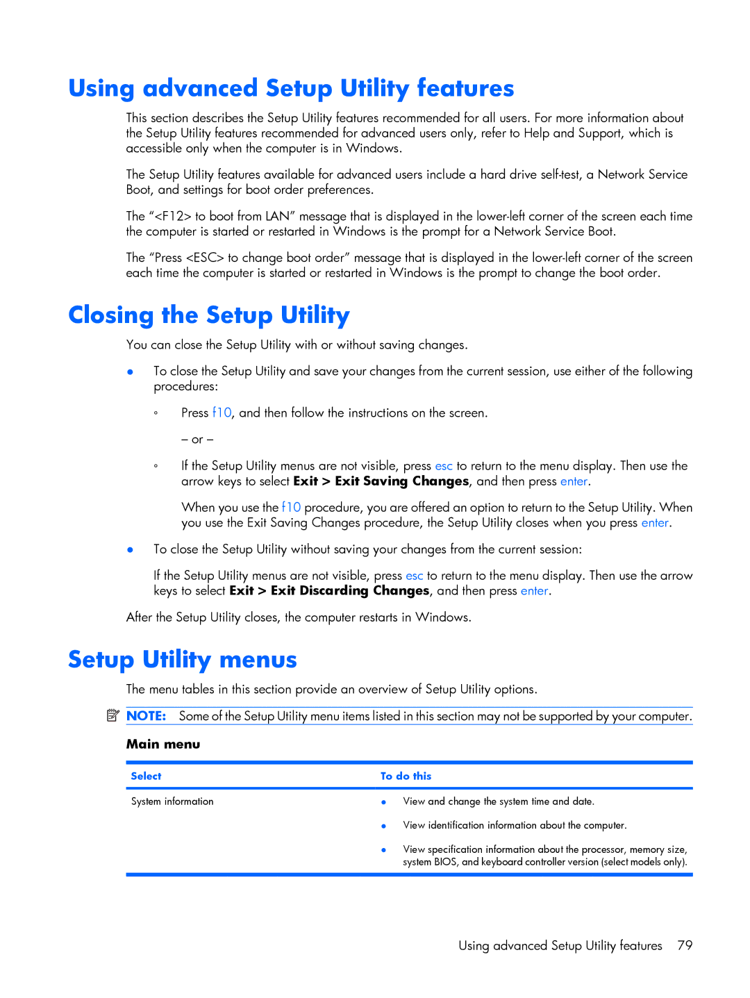 Compaq C700 manual Using advanced Setup Utility features, Closing the Setup Utility, Setup Utility menus, Select To do this 