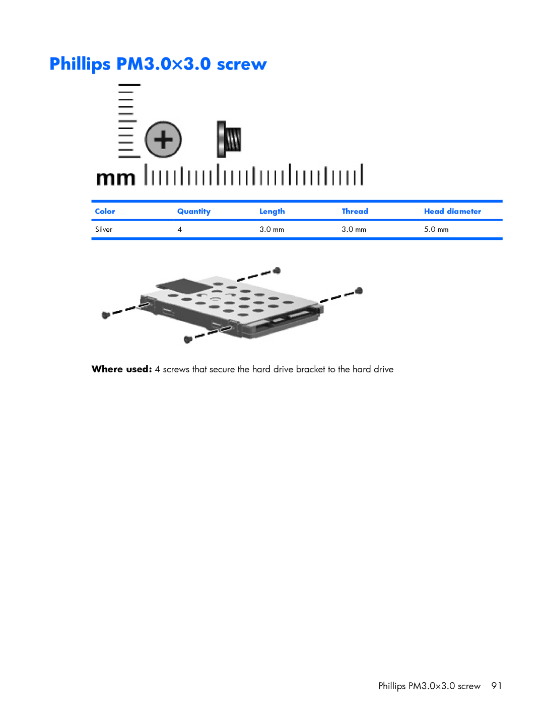 Compaq C700, HP G7000 manual Phillips PM3.0×3.0 screw, Color Quantity Length Thread Head diameter Silver 