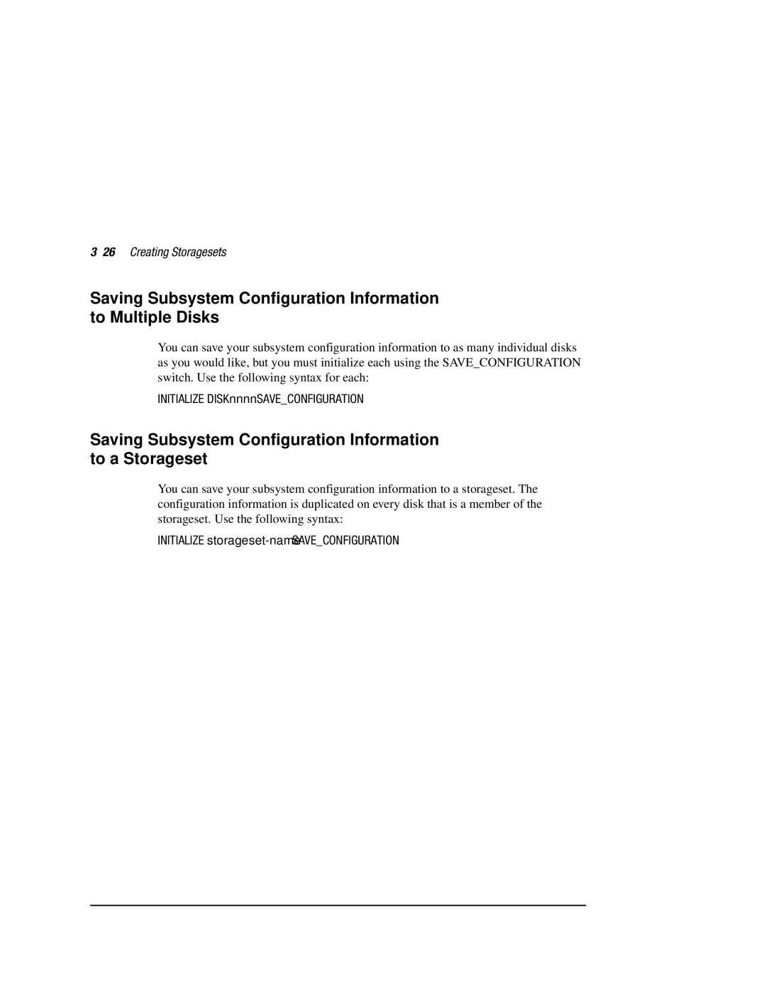 Compaq HSZ80 manual Saving Subsystem Configuration Information to a Storageset, 26Creating Storagesets 