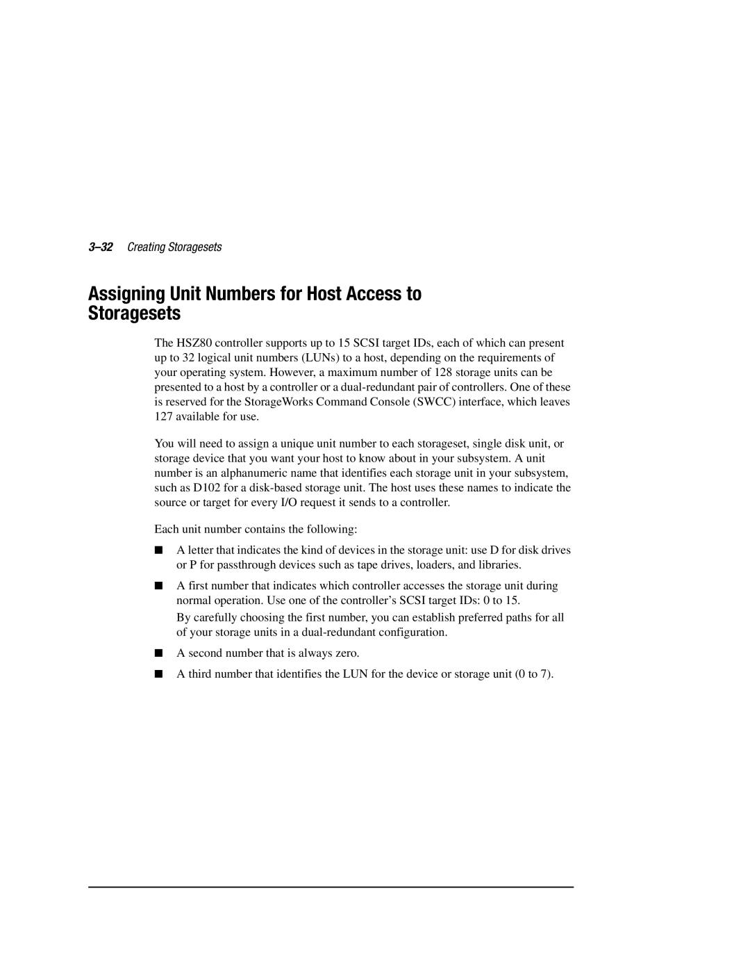 Compaq HSZ80 manual Assigning Unit Numbers for Host Access to Storagesets, 32Creating Storagesets 