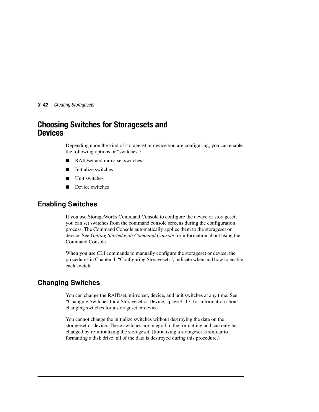 Compaq HSZ80 manual Choosing Switches for Storagesets Devices, Enabling Switches, Changing Switches, 42Creating Storagesets 